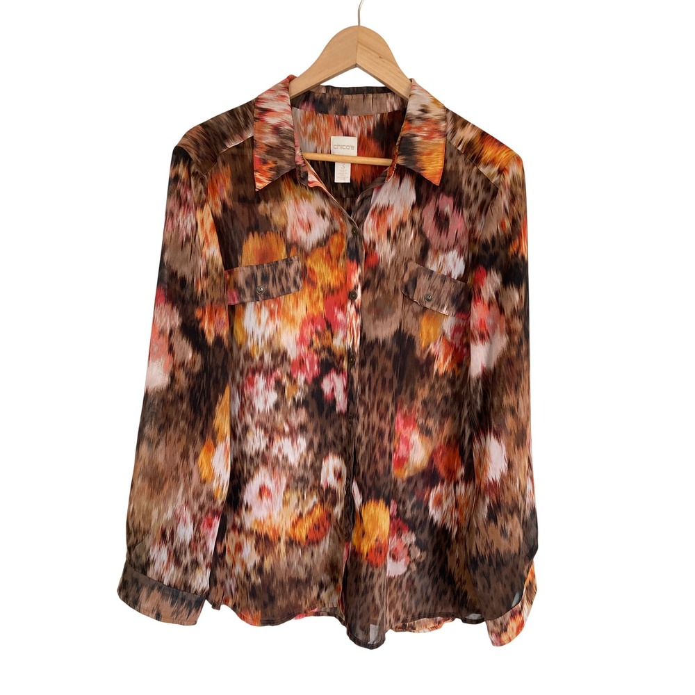 Chico's Multi Color Ikat Cheetah Animal Print Button Down Blouse Size 3 XL